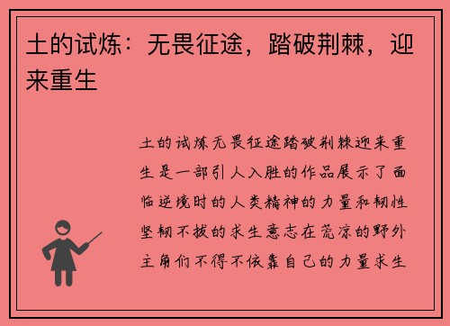 土的试炼：无畏征途，踏破荆棘，迎来重生